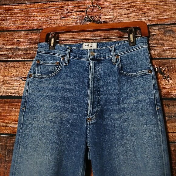 Agolde Jeans Size 27 Nico Ankle Crop High Rise Button Fly Distressed Blue Denim - Picture 5 of 10
